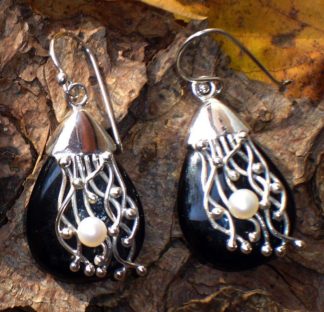 Silber Ohrringe mit Onyx und Perle